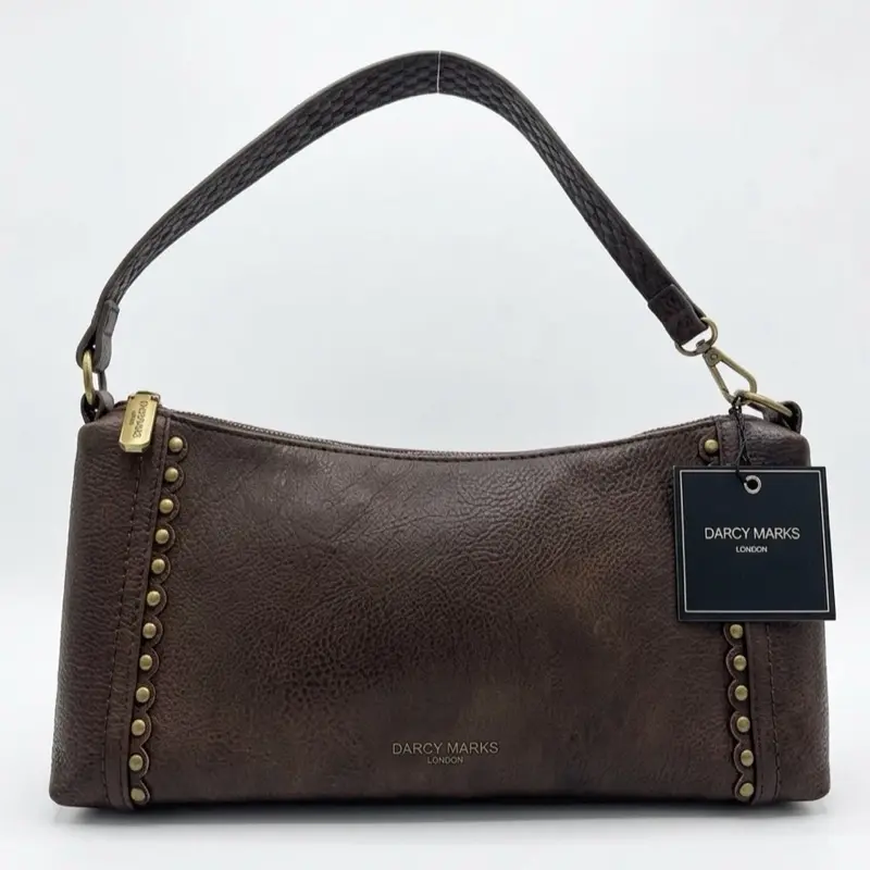 Darcy Marks London Brown Leather Handbag with Gold Studs and Adjustable Strap