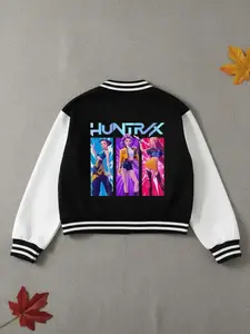 Girls Short Baseball Jacket Coat, Colorblock Print Jacket, Casual Jackets, Casual Sports School Uniform, Elastic Fabric, Trendy Kids Clothing, Fall & Winter Halloween Option