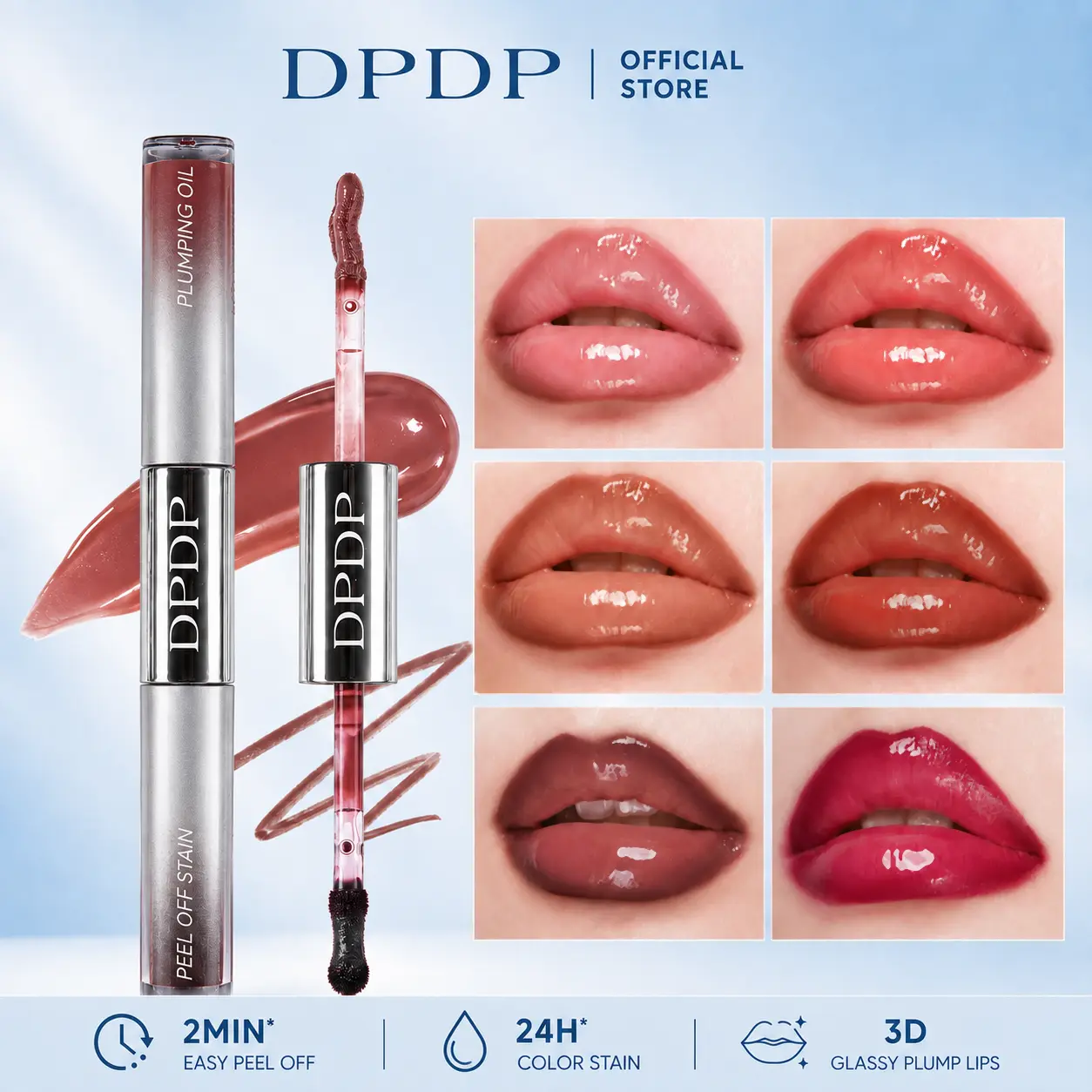 DPDP 2-in-1 Peel-Off Lip Liner Stain & Plumping Gloss Duo, Lip Care Cosmetic with Long-Lasting Transfer-Resistant Stain, Hydrating Glossy Finish, Moisturizer