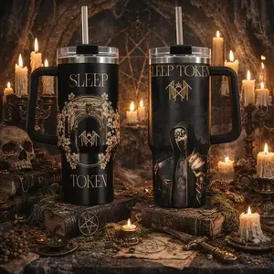 Sleep Token Music Insulated Stainless Steel Water Bottle Tumbler - 40oz/20oz, Portable Reusable Travel Mug with Handle, Straw & Lid, Dark Gothic Band Fan Large Capacity Home Supplies Gift, Water Bottles