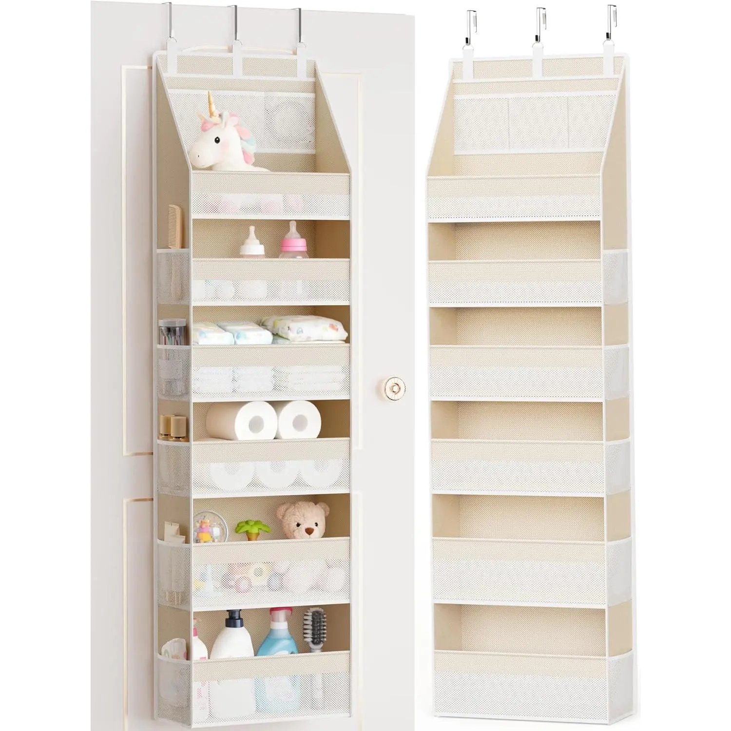 Criusia Over-the-Door Hangable Organizer - 6 Hanging Shelves, 13 Mesh Pockets, 55lbs Capacity, Beige Home Organizer for Nursery Use, Bedroom Storage