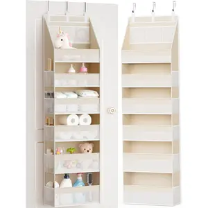 Criusia Over-the-Door Hangable Organizer - 6 Hanging Shelves, 13 Mesh Pockets, 55lbs Capacity - Beige Home Organizer for Nursery, Bedroom Storage Ideas