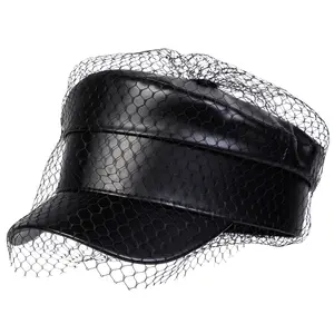 Unisex Black PU Leather Lace Veil Fiddler Cap Cabbie Hat Outdoor Sunscreen Leisure Hat Spring Autumn Travel Tourism Beach Vacation