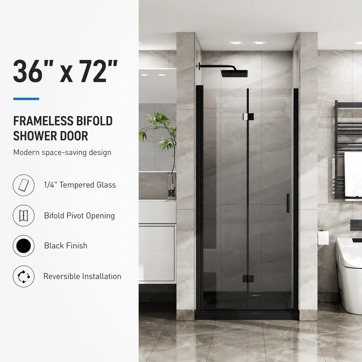 36" x 72" Frameless Bifold Shower Door, 1/4" Clear Tempered Glass Pivot Swing Door, Space-Saving Bathroom Shower Door with Black/Chrome Finish