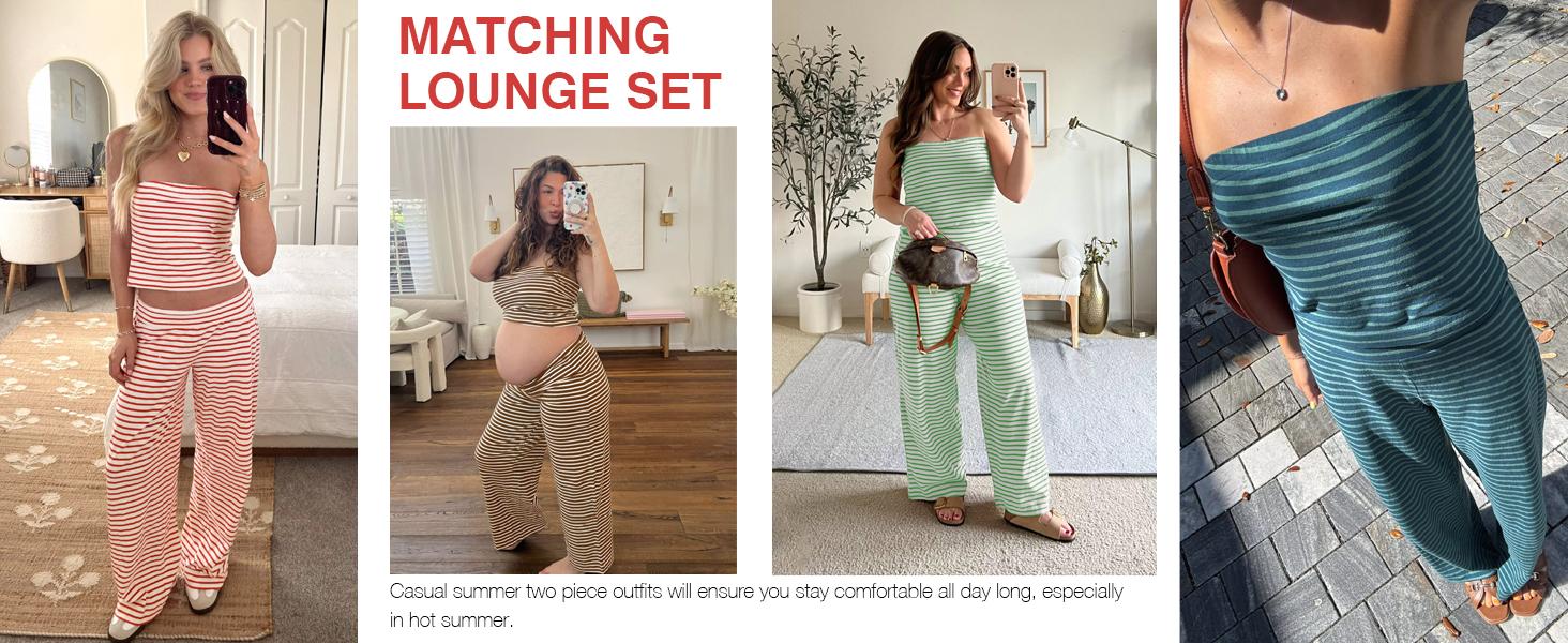 Tankaneo Womens Striped 2 Piece Sets Casual Summer Strapless Crop Tube Tops Wide Leg Pants Matching Lounge Set Vacation Outfits Spring & Summer Holiday Outfits, Comfortable Womenswear Fashion Womenswear Beach Clothes