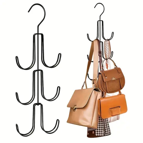 1 Pc Minimalist Heavy-Duty Metal Rotatable Multi-Tier Multi-Hook Hanger Organizer - Kitchen Bag Rack, Maximize Space Storage for Handbags, Belts, Scarves with Easy Visible Access (Black)