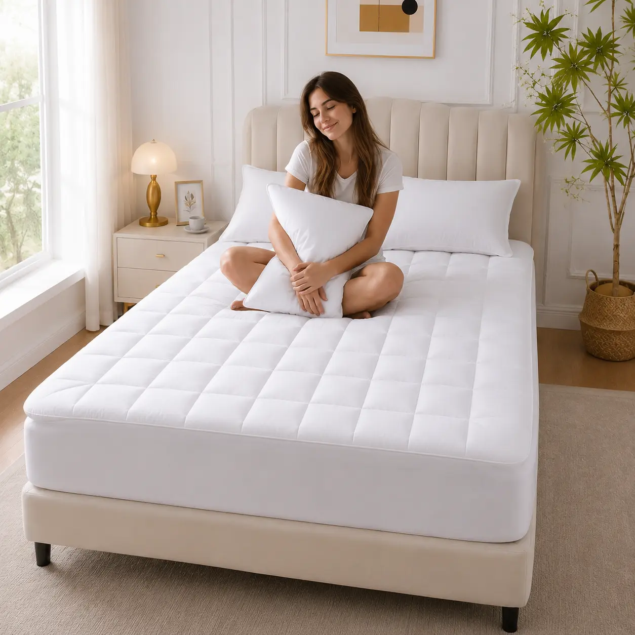 A Adios Quilted Pillow Top Mattress Pad - Fitted Cooling Mattress Protector with 8-21" Deep Stretch Pockets