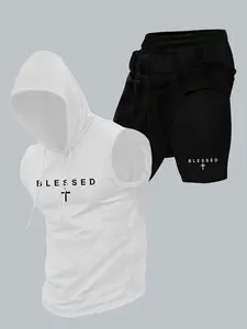 Men's Sleeveless Hooded Tank Top & Shorts Set, Cross Print, Minimalist Religious Fitness Style, Breathable Elastic Fabric, Sporty Set, Sportswear Set, Workout Sets, fitness exercise wear, Athleisure Summer Clothes
