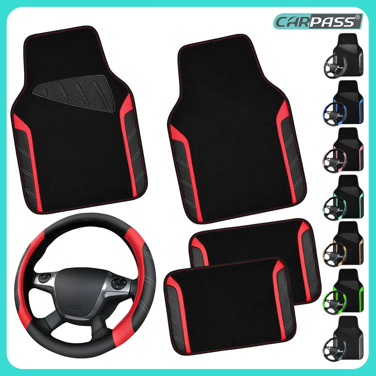 CAR PASS 5pcs Leather Steering Wheel Cover and Waterproof Car Floor Mats,fit for 95% Sedan,SUV,Cars,14.5-15inch Sporty Anti-Slip Safety Comfortable