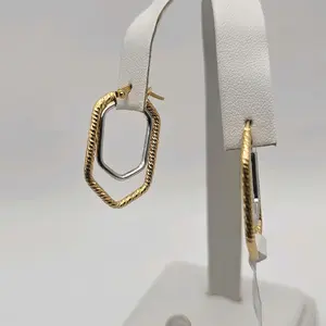 10KT Two-Tone Gold Textured Hexagon Hoop Earrings