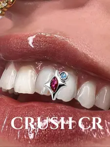 CRUSH CR 1pc 18K Gold Plated Copper Two-Tone Star Zircon Grillz, Prong-Set Design, Hip-Hop Unisex Tooth Jewelry, Tooth Gem, & Accessory for Black Women, Men & Kids, Suitable For Parties, Street Style Daily Wear, Bold Statement Piece