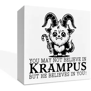 Funny Cute Krampus Christmas Decor, You May Not Believe in Krampus But He Believes in You Wooden Box Sign, Christmas Home Sign for Living Room Bedroom Table Desk Decor 5 x 5 Inches Home Decor Products