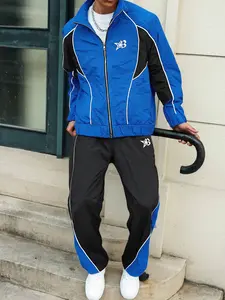 Men's Blue Retro Sportswear Two-Piece Set, B Star Logo Windproof Jacket, Loose Pants, Colorblock Design, Casual Street Style, Athletic Tracksuit Set