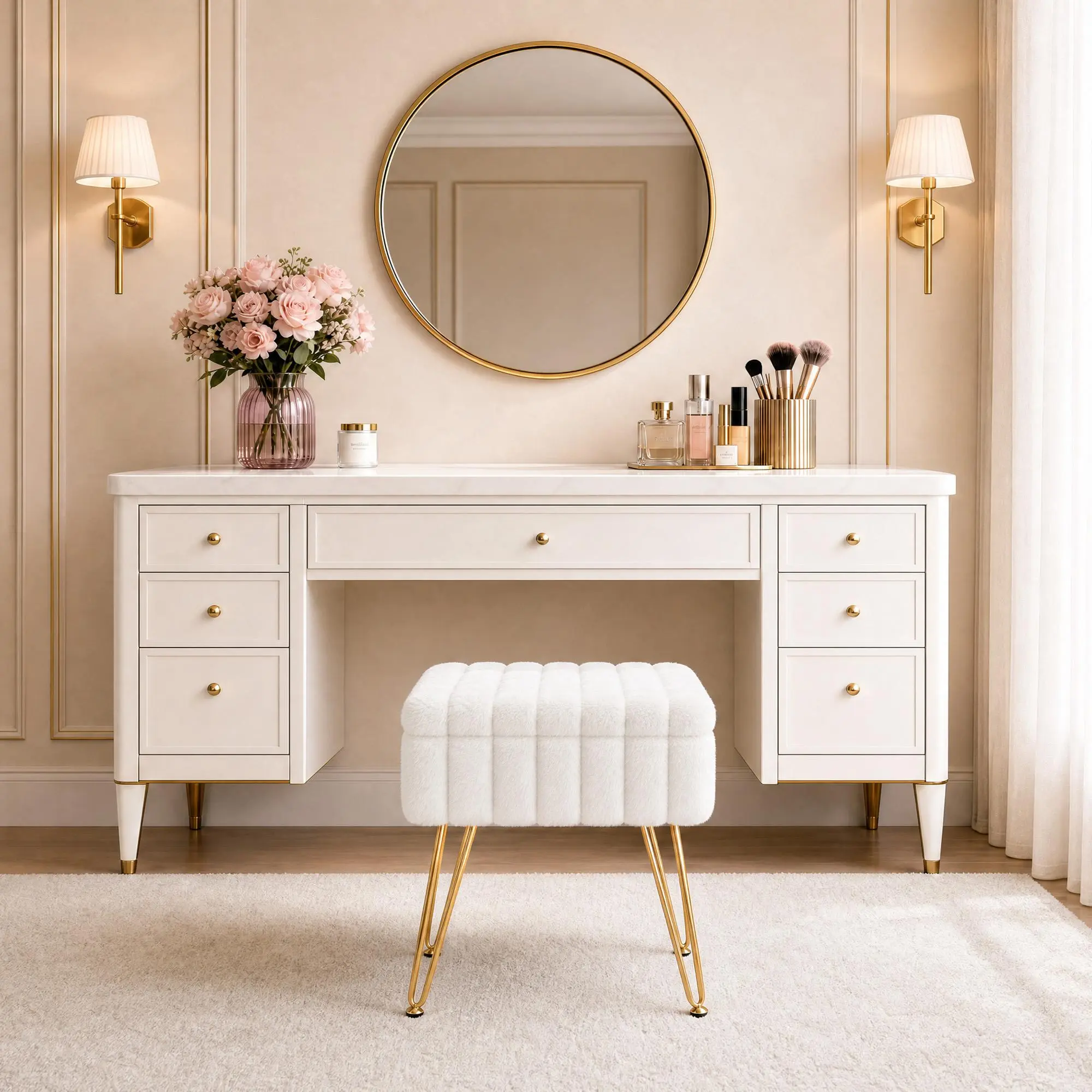 2 Styles Storage Vanity Stool - White Padded Ottoman with Adjustable Height, 360° Swivel, Criss Cross Chair,Folding Backrest, Silent Wheels, or Metal Legs Soft Faux Rabbit Fur for Makeup, Bedroom, Office