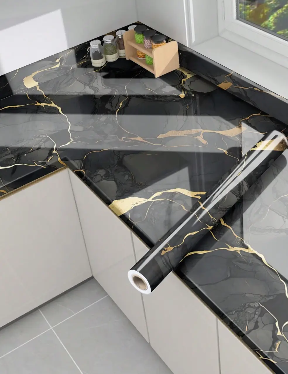 PVC Adhesive Marble Pattern Wallpaper - Geometric Glossy Surface, Oil-Proof, Waterproof, Detachable DIY Home Improvement Sticker for Indoor Kitchen Countertops, Furniture Renovation (Ideal for DIY Enthusiasts, Room Decor)
