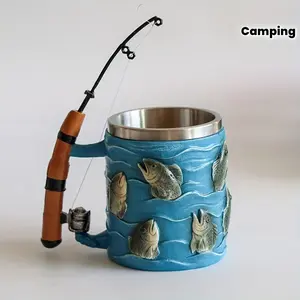 Fishing Themed Resin Mug, Fishing Rod Shaped Beer & Coffee Cup with Stainless Steel Liner, 3D Fish and Rod Design, Unique Creative Gift for Fishing Lovers, Durable Drink Cup for Coffee Tea