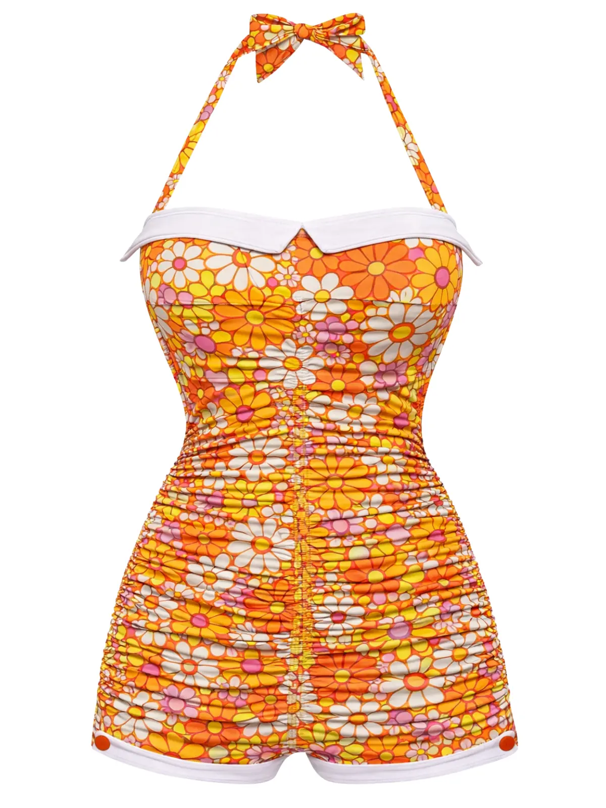 RETRO STAGE Women's Orange 1950s Gingham Halter Bowknot 1-Piece Swimsuit, Padded High Stretch Swimwear, Available in Yellow, Red, Blue, Green, Black, Light Green, One Piece Swimsuit