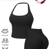 TASKWAY Women's 2-Piece Workout Set - Solid Halter Tank Top, High Waist Tummy Control Quick Dry Sports Shorts, Breathable Yoga Attire for Hot Days, Ideal for Yoga, Biking, Tank Tops