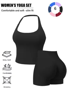 Women Solid Halter 2 Piece Outfit, High Waist Shorts Sports Set, Breathable Quick Dry Activewear for Yoga Gym Summer