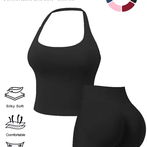 TASKWAY Women's 2-Piece Workout Set - Solid Halter Tank Top, High Waist Tummy Control Quick Dry Sports Shorts, Breathable Yoga Attire for Hot Days, Ideal for Yoga, Biking, Tank Tops