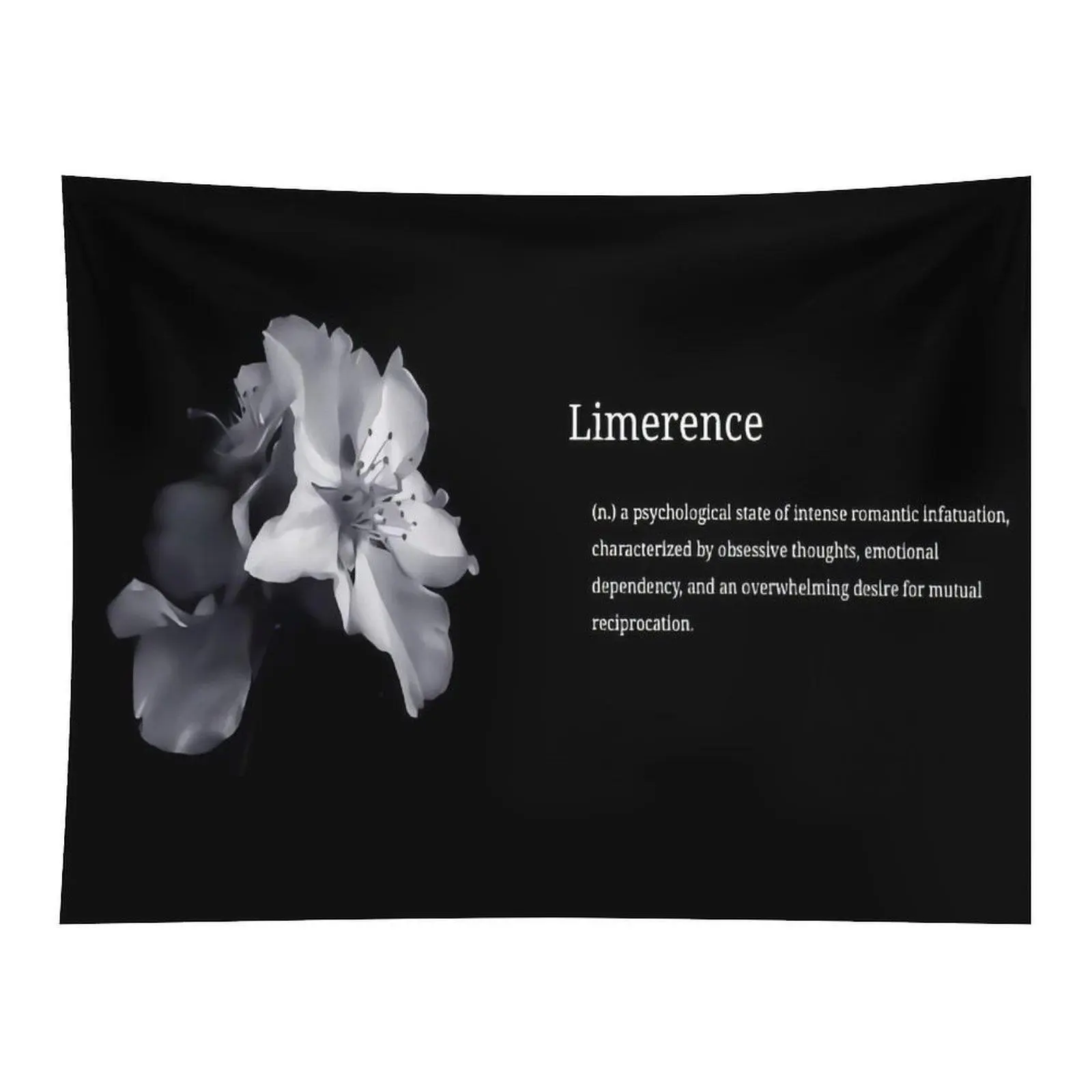 Limerence Word Definition With Delicate Monochrome White Flower On Black Background Minimalist Aesthetic Quote Wall Tapestry For Bedroom Decor