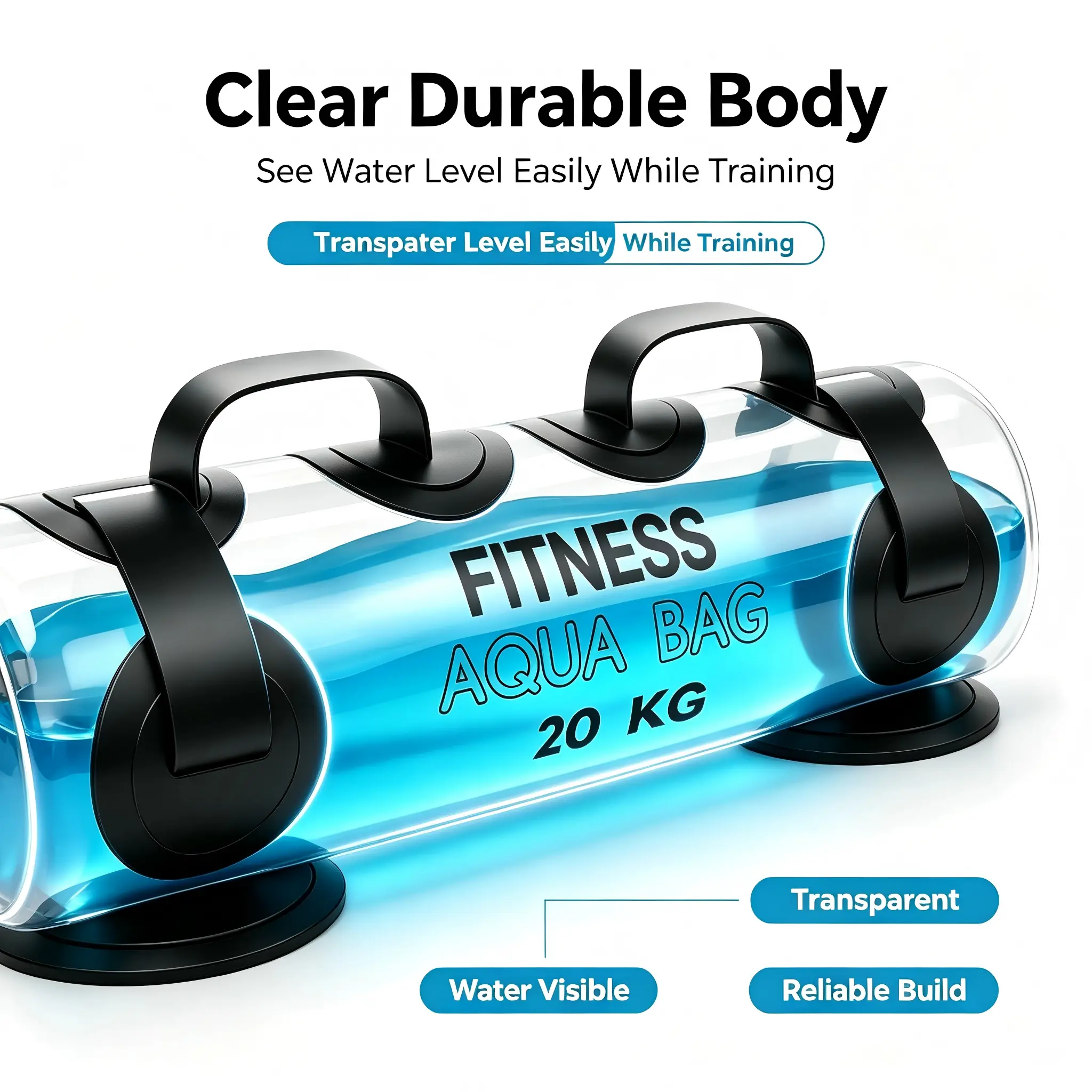 Aqua Training Bag - 20KG Adjustable Water Weight, Portable Fluid Inertia Training in Transparent High-Density PVC with Reinforced Handles, Adjustable Water-Filled Weight Bag, High-Density Pvc Construction, Dual Bottom Stability Stands/Straps