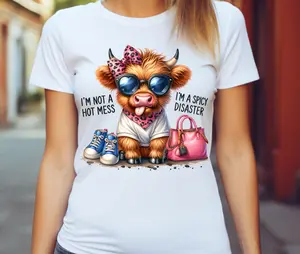 Spicy Disaster Highland Cow T-Shirt – Funny Cute Highland Cow with Sunglasses, Bow & Pink Bag | Hot Mess Tee for Women | Cowgirl Gift Trendy Shirt