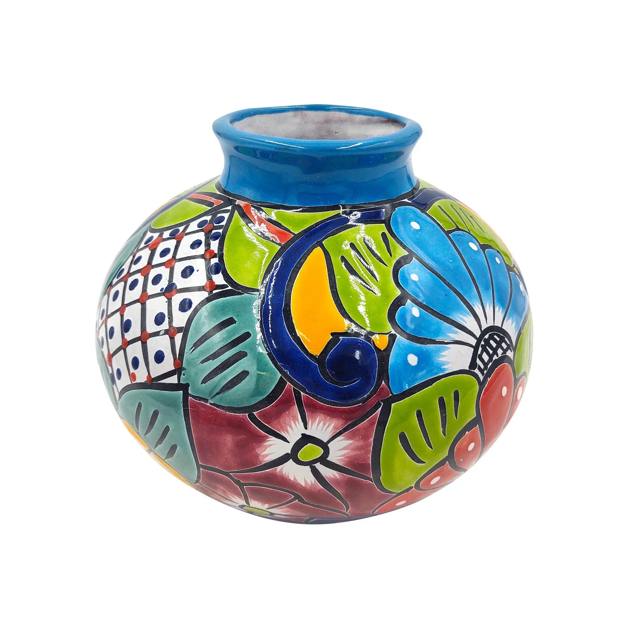 Mexican Talavera Hand Painted Flower Vase - Traditional Mexican Decorative Florero De Bola for Home Décor With Light Blue Trim
