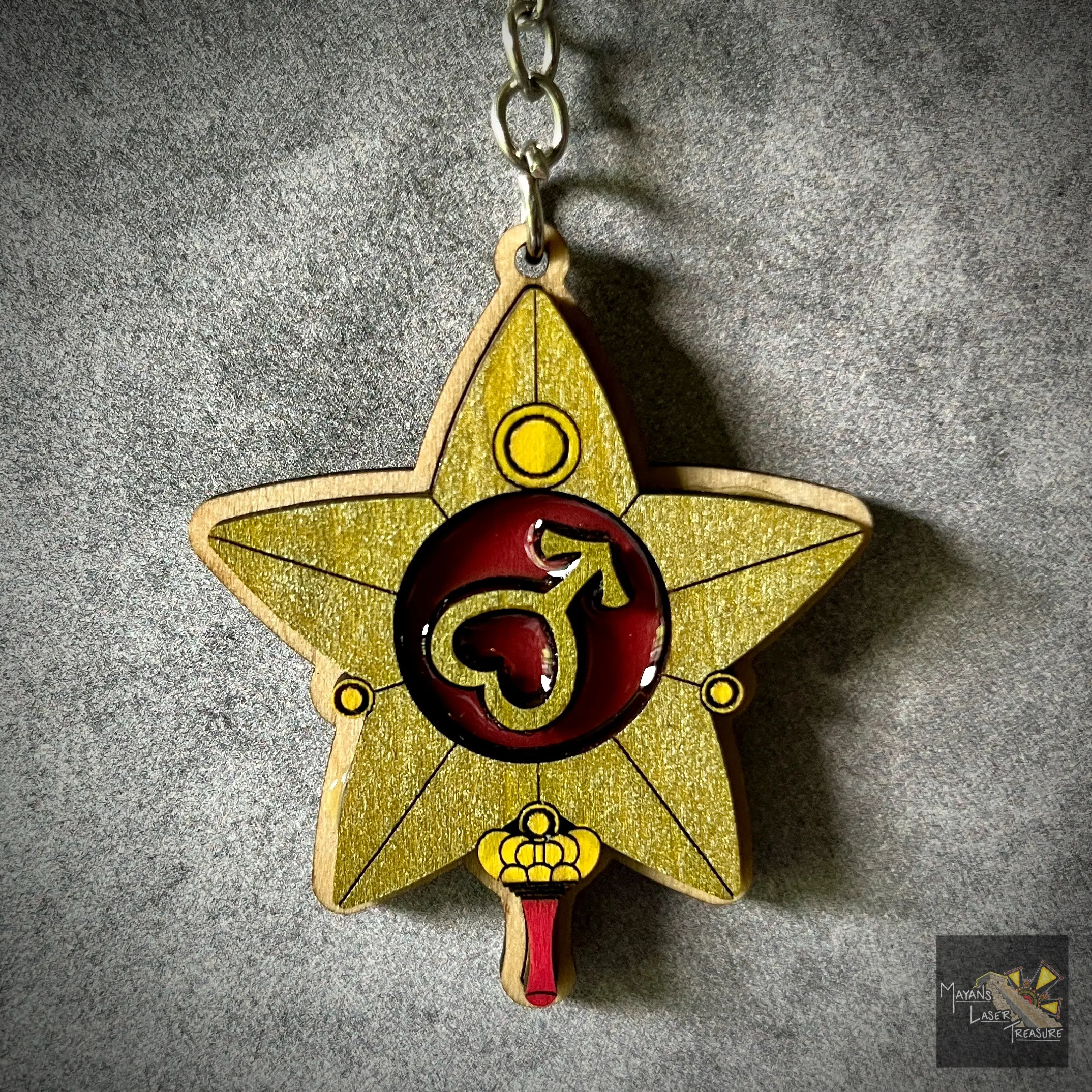 Mayans TCG Treasure Sailor Mars Star Wand Keychain - Hand Crafted with Gloss Enamel, 2" Height, Durable Wood, Water Resistant Design