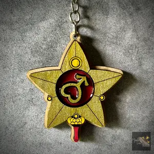 Mayans TCG Treasure Sailor Mars Star Wand Keychain - Hand Crafted with Gloss Enamel, 2" Height, Durable Wood, Water Resistant Design