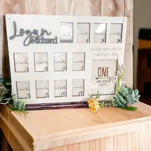 Baby Birth Through One Year Monthly Photo Picture Frame Gift - Wooden Frame with Monthly Calendar for Celebrating Milestones