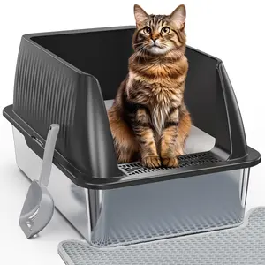Petterm Stainless Steel Cat Litter Box with Scoop, Large Semi or Fully Enclosed Design, High-Side Enclosure, Non-Sticky, Anti-Leak, High-Walled, High Sided Litter Box, Stainless Steel Litter Box