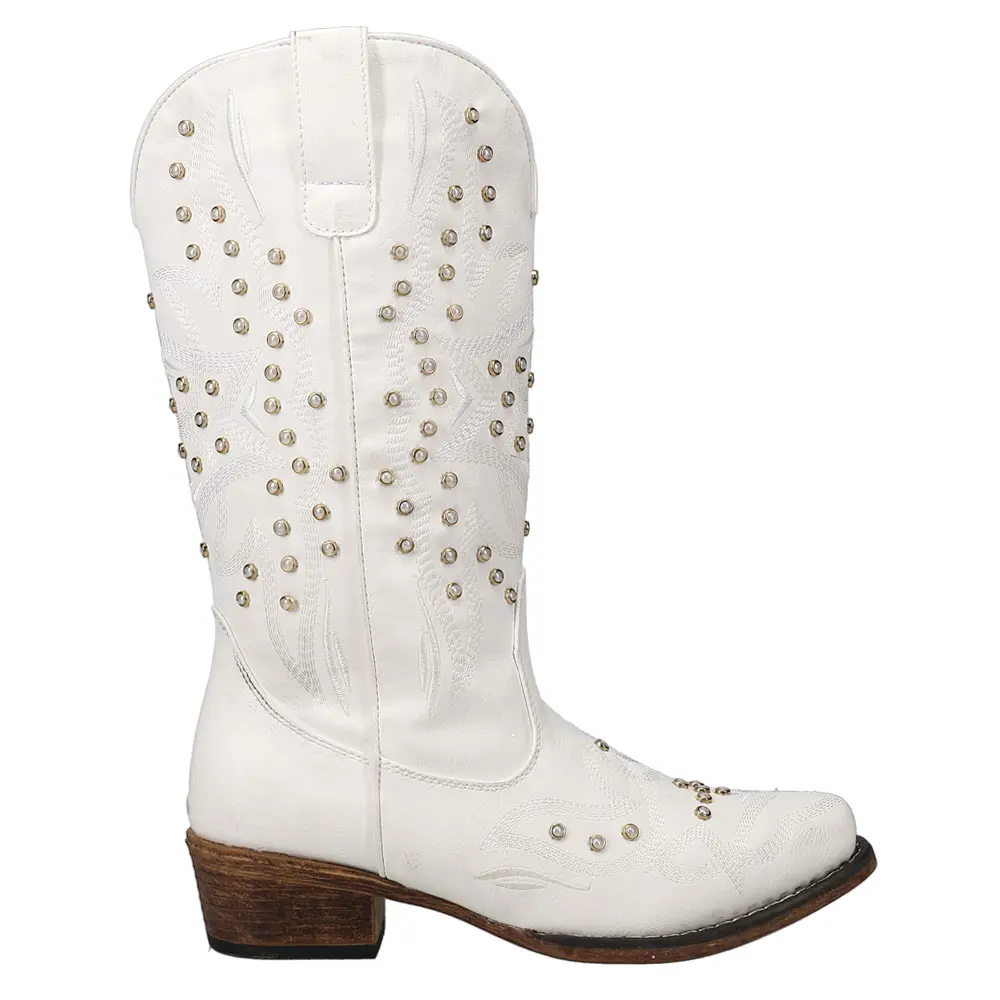 ROPER Womens Riley Pearl Embroidered Snip Toe  Casual Boots Mid Calf Low Heel 1-2" - White
