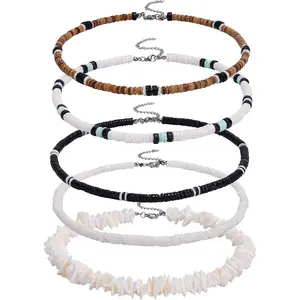 Men's Puka Shell Necklace - Summer Beach Surfer Beaded Jewelry for Him & Her - Hawaiian Style White Seashell 5-Piece Set - Perfect Beach Accessory!