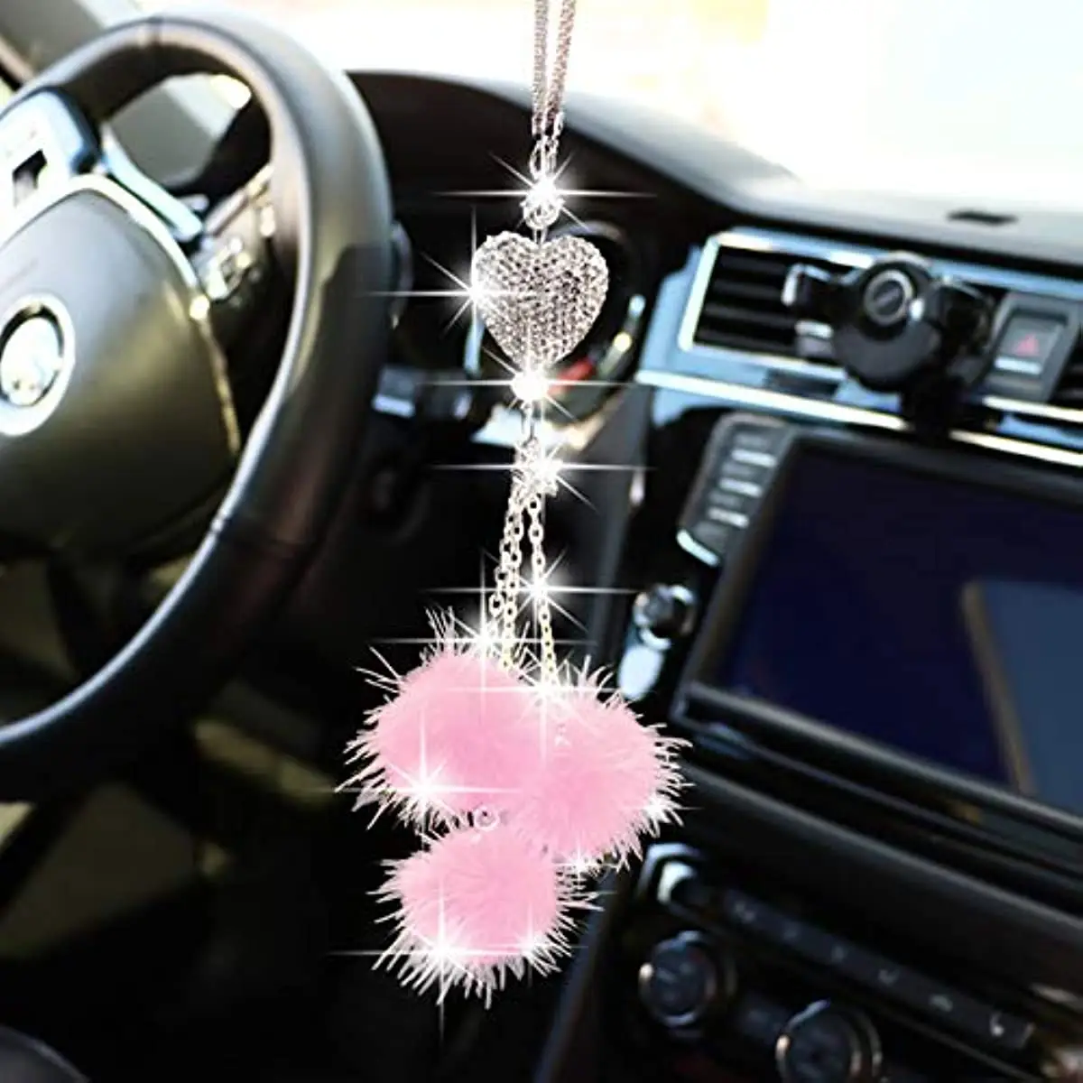 Car Hanging Decoration, Faux Fur & Rhinestone Decor Plush Ball Ornament, Car Interior Accessories, Car Trinkets