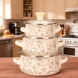 Enamel Soup Pot Set, 3 Counts/set Lightweight Portable Multi-Function Cooking Pots, Handmade Cookware Compatible with Gas Stoves