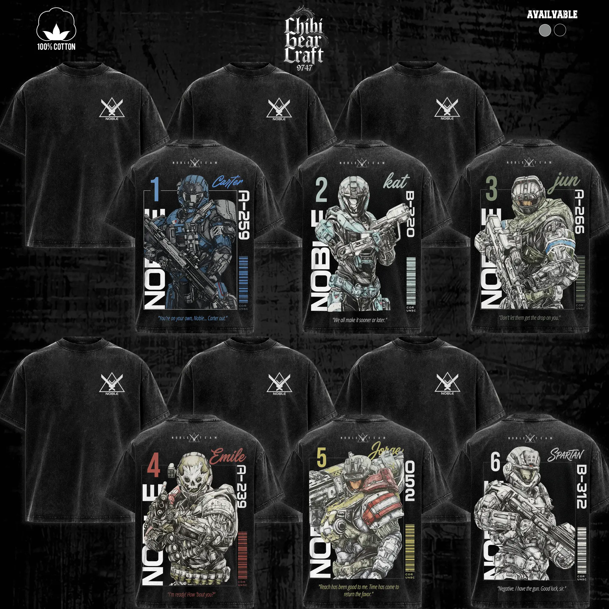 [COLLECTION] Noble Team V3 - Halo Reach Double Printed Oversize Lightweight Acid Washed Tee Game Graphic T-Shirt for Men Casual Day Wear Cotton Fabric - Jeans Vintage Gaming Retro Black Tee Oversized Heavyweight Cotton T-Shirts Love Menswear
