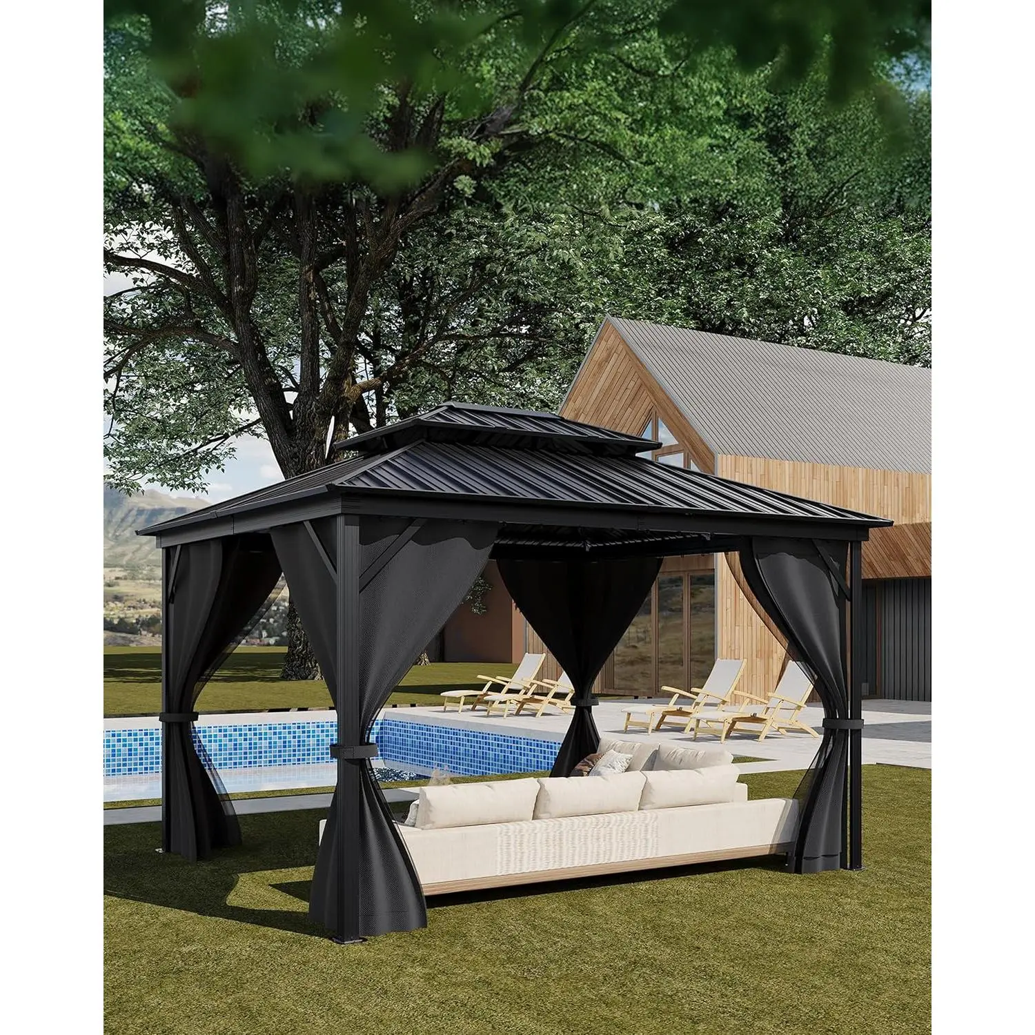 12×14 ft Hardtop Gazebo All‑Weather Permanent Pavilion with Double Metal Roof, Aluminum Alloy Frame, Net & Curtain – for Patio, Deck, Backyard, Lawn & Garden