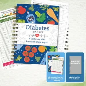 Diabetes Daily Log Book, Diabetes Food List Meal Planner, Diabetic Record Monitor for Types 1 & 2, Food & Blood Sugar, Glycemic Index (GI), Track Glucose, Carbs Calories, Insulin | A5 Spiral Bound