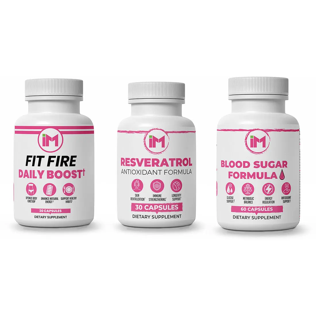 IM Triple Action Pack - IM Fit Fire & IM Blood Sugar & IM Resveratrol - Green Tea Leaf Extract, Apple Cider Vinegar, Berberine HCL, Ginger Root - Fitness Supplement