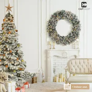 CAPHAUS 36 / 48 Inch Lighted Christmas Wreath, Artificial Christmas Reef with 120 / 200 LED Warm White Lights, 8 Light Modes, Frosted Pine and Berries, Holiday Decorations for Indoor, Office, Home