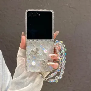 Luxury Cute 3D Butterfly Diamond  Phone Case For Samsung Galaxy Z Flip 7 6 5 4 Z Flip6 Flip7 Cover with Chain Kawaii Cases Funda