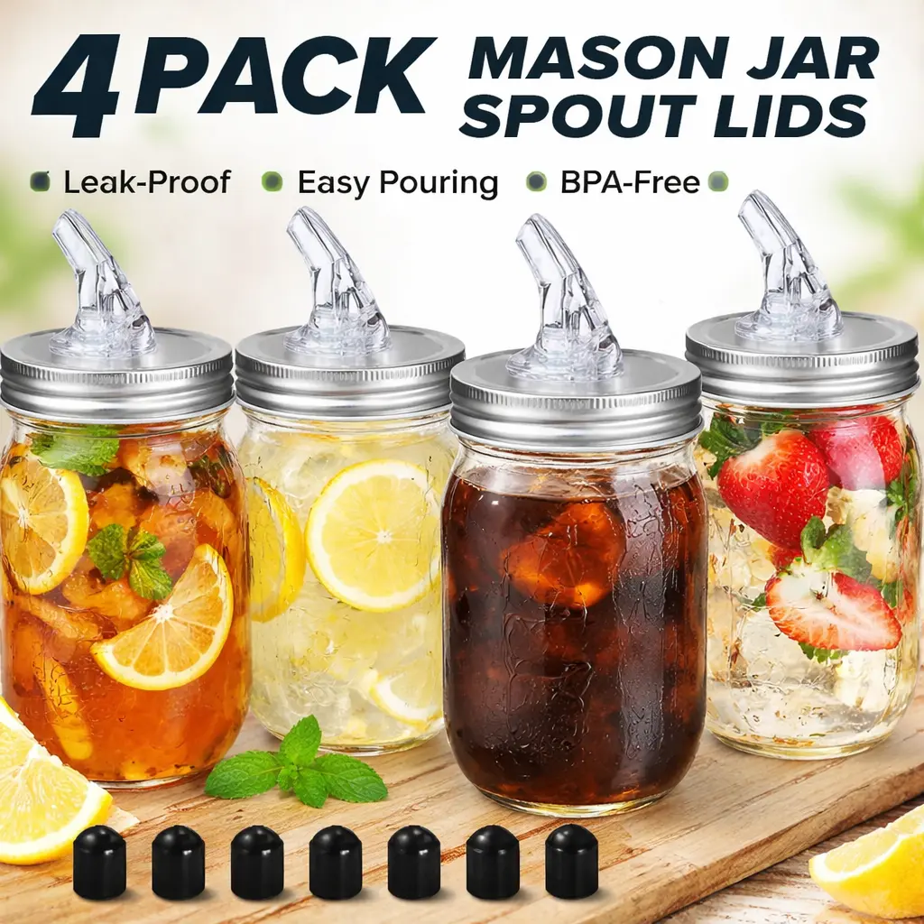 Tinplate 4+8 Piece Mason Jar Pour Spouts & Lids Set - 4 Reusable 70mm Regular Mouth Leak-Proof Easy-Pouring Lids, 8 Caps, Cooking & Outdoor Grilling Kitchen Utensil, Condiment Serving Container Accessory (Mason Jars Not Included)