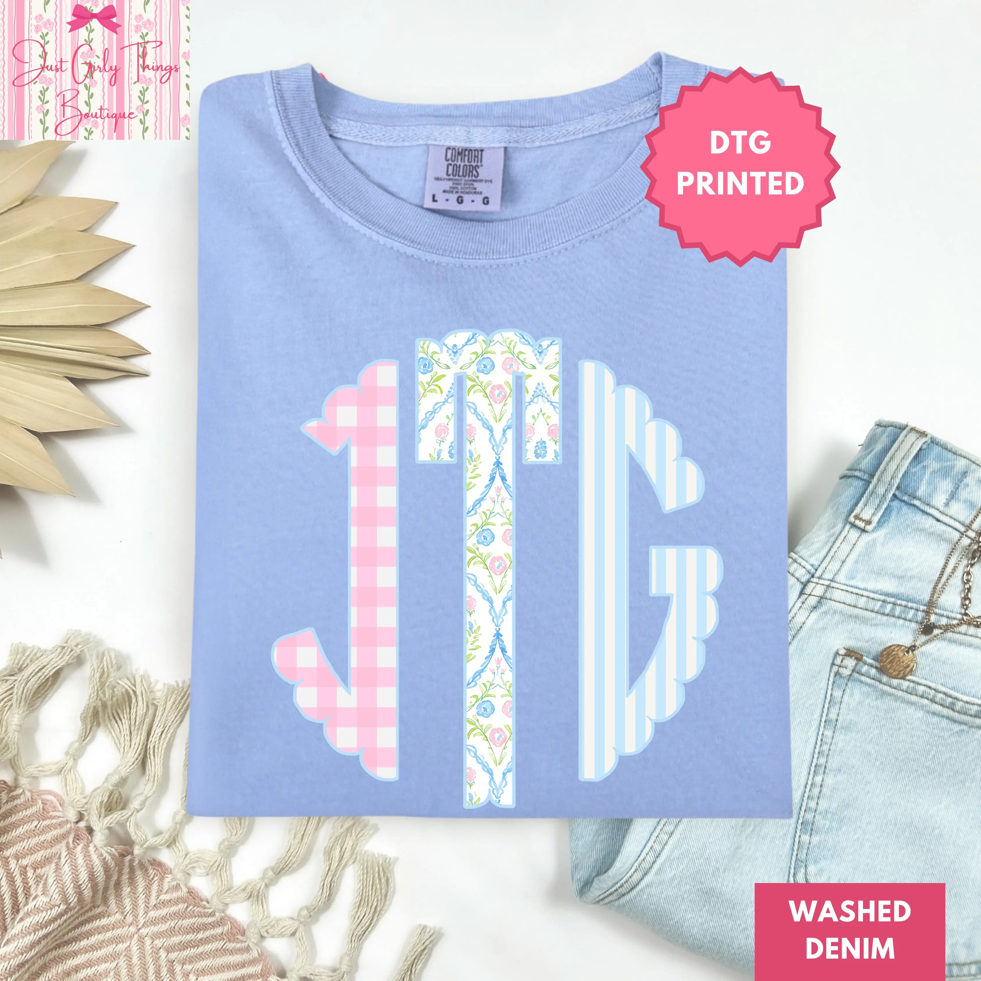 Custom Grandmillennial Monogram Shirt ~ (Leave First Name Initial, Last Name Initial, Middle Name Initial in Notes at Checkout), Checkered Shirt, Custom Name Shirt, Personalized Name Shirt, Custom Monogram Shirt, Floral Monogrammed Shirt