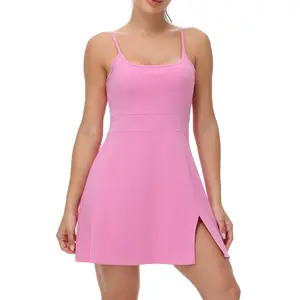 Women's Tennis Dress with Built-in Shorts, Adjustable Crisscross Back Athletic Dress with Pockets, Workout Golf Dress with Slit Hem for Summer