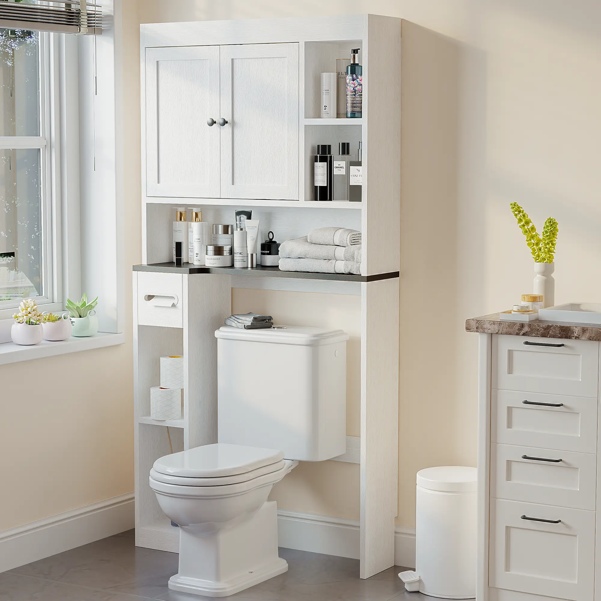 NIVISRE-White Over-the-Toilet Storage Cabinet with 7 Shelves, Double-Door Cupboard and Toilet Paper Holder, Freestanding Space-Saving Bathroom Organizer for Restroom, Laundry Room and Small Spaces