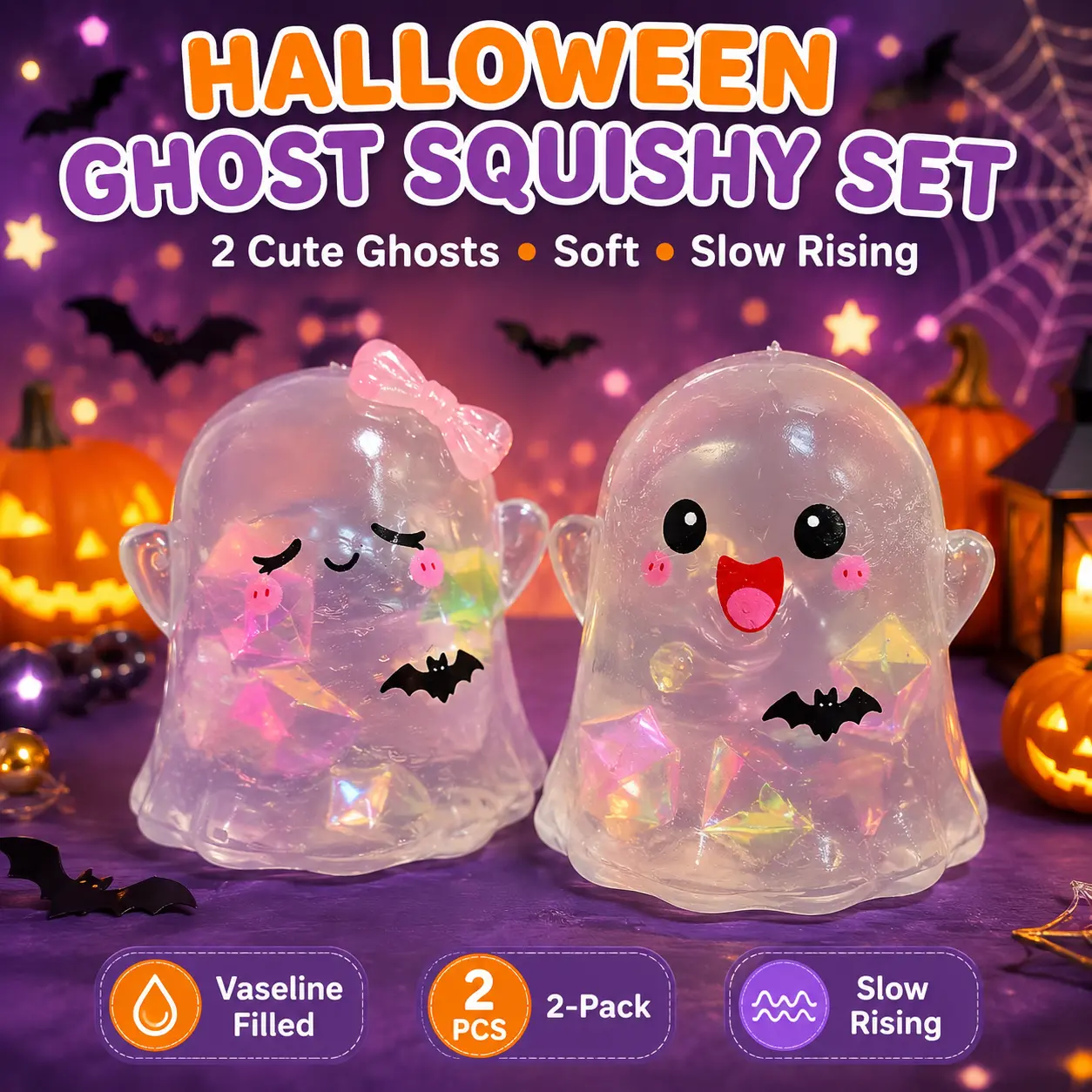 Halloween Ghost Squishy Toy Set 2PCS,  Slow Rising Squeeze Toy, Crazy Fun Transparent Ghost Stress Relief Sensory Toy