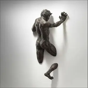 New Imitation Copper Wall Decor Abstract Character Resin Rock Climbing Man Statue Sculpture Background Wall Art 3D Through Wall