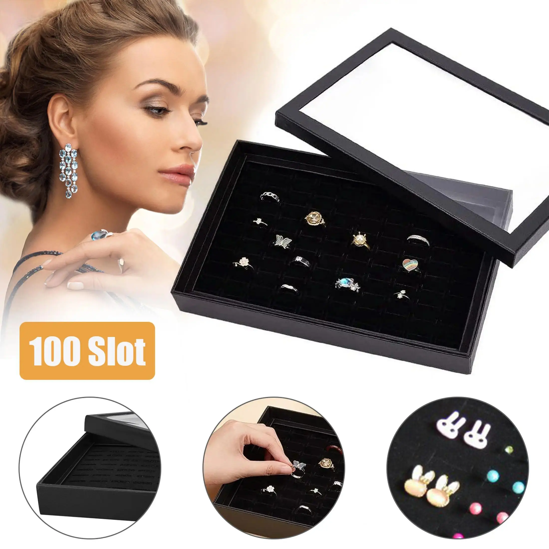 Classic 100-Slot Ring Jewelry Display Tray, Elegant Stackable Dustproof-Lidded Home Supplies Organizer with Storage Bag, Large-Capacity Gift Ideal for Stud Earrings, Stackable Lid