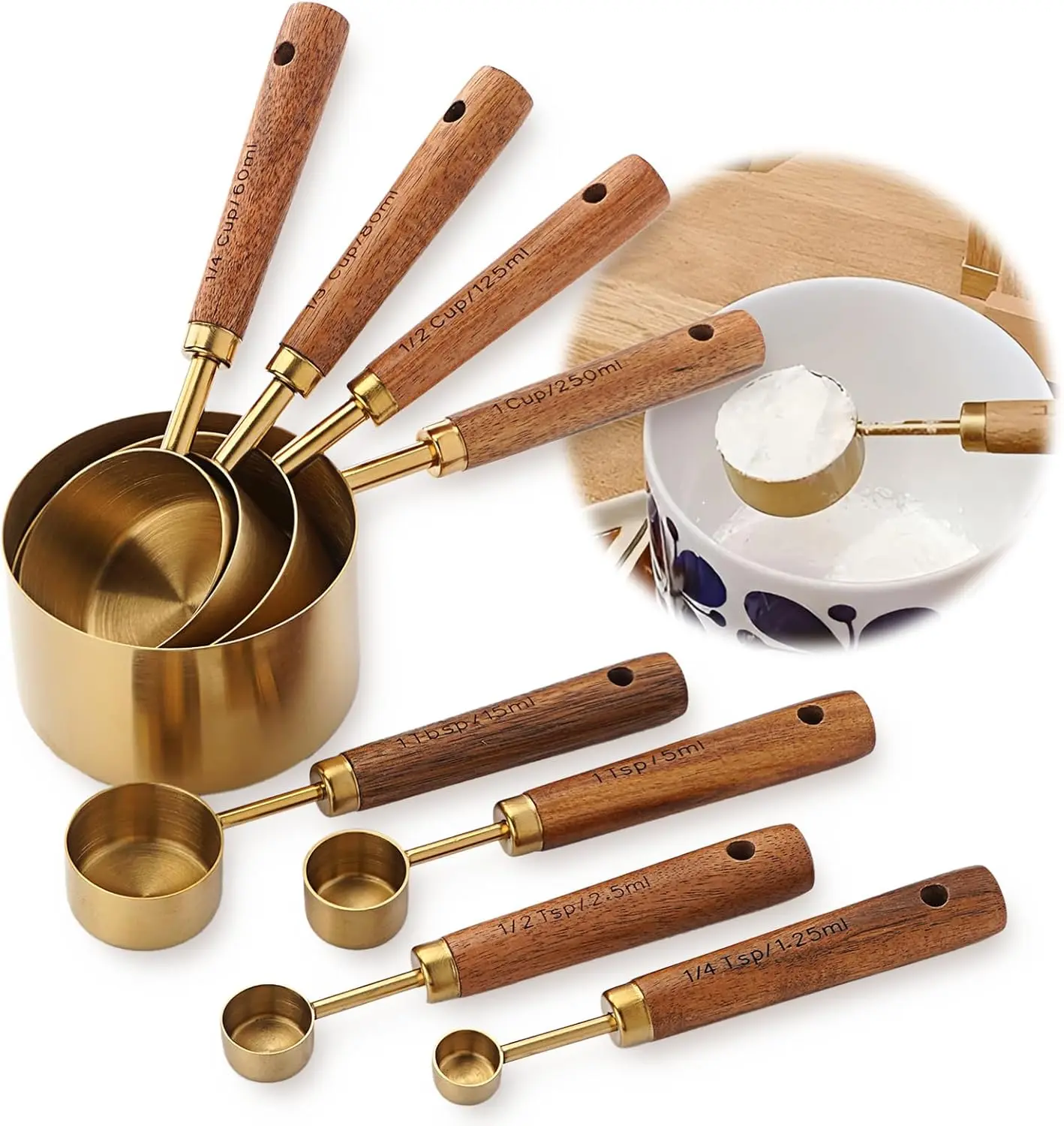 Golden Measuring Cups Set of 8 - Stainless Steel Measuring Spoons Combo, Sturdy Acacia Wooden Handles, Accurate 0-500 ml Kitchen Utensils for Cooking, Baking